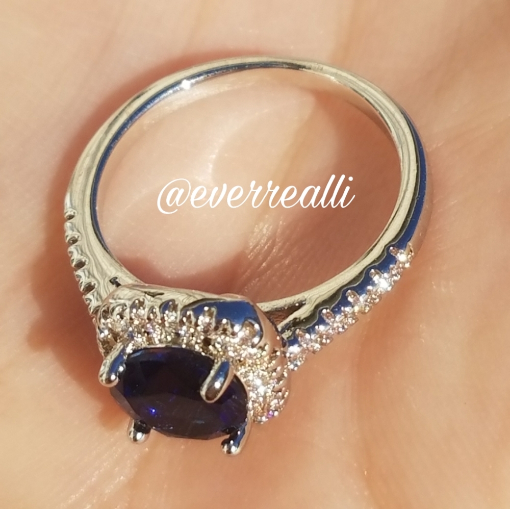 NEW Round Dark Blue Sapphire & Diamond Halo Ring - Picture 3 of 7